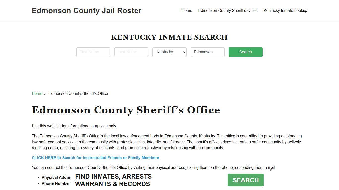 Edmonson County Sheriff Office, KY, Arrest Warrants Search
